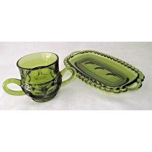 Kings Crown Green Indiana Glass Creamer Dish Thumbprint Butter Replacement Vtg